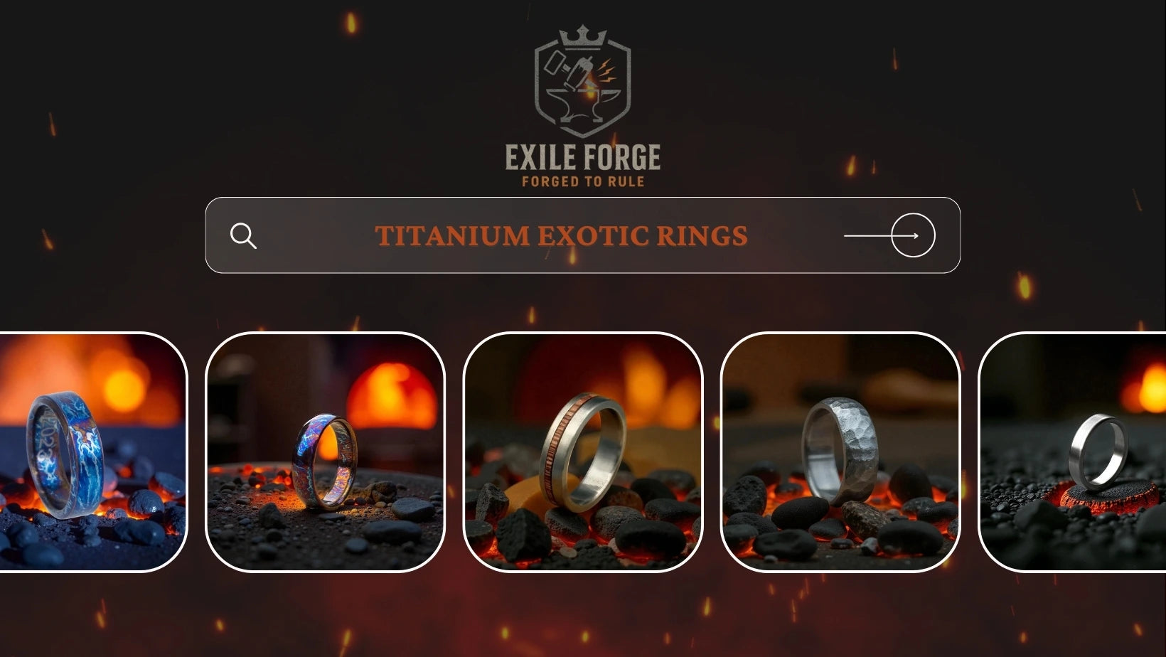 Exile Forge 2nd cover banner reflecting rings from exotic metals like Titanium and Damascus metal rings