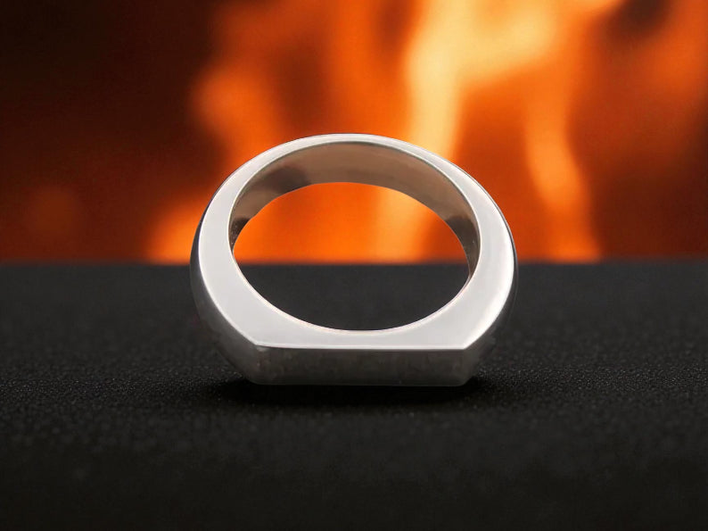 Close-up of modern titanium ring featuring flat top and smooth interior finish