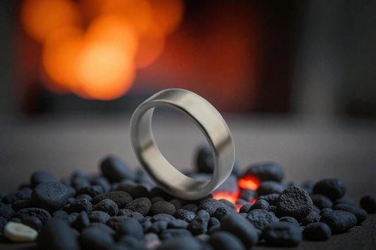 Titanium flat-shape ring with brushed finish placed on black stones with ember glow in the background