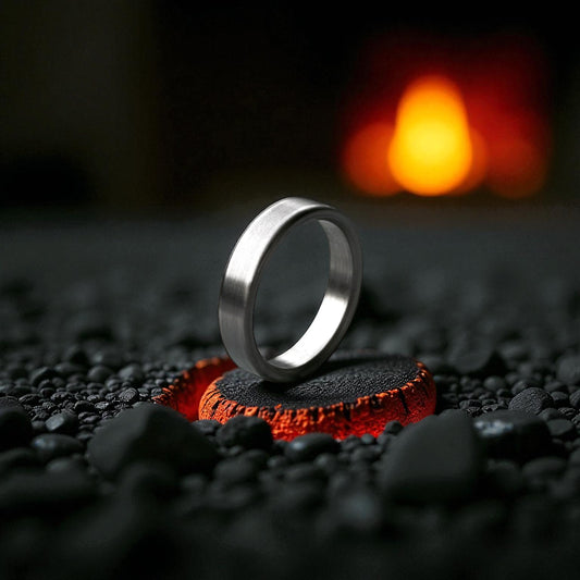 Titanium brushed finish ring displayed on black stones with glowing ember background