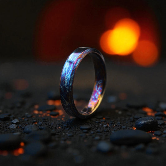Titanium ring with electric blue lightning pattern on dark stones