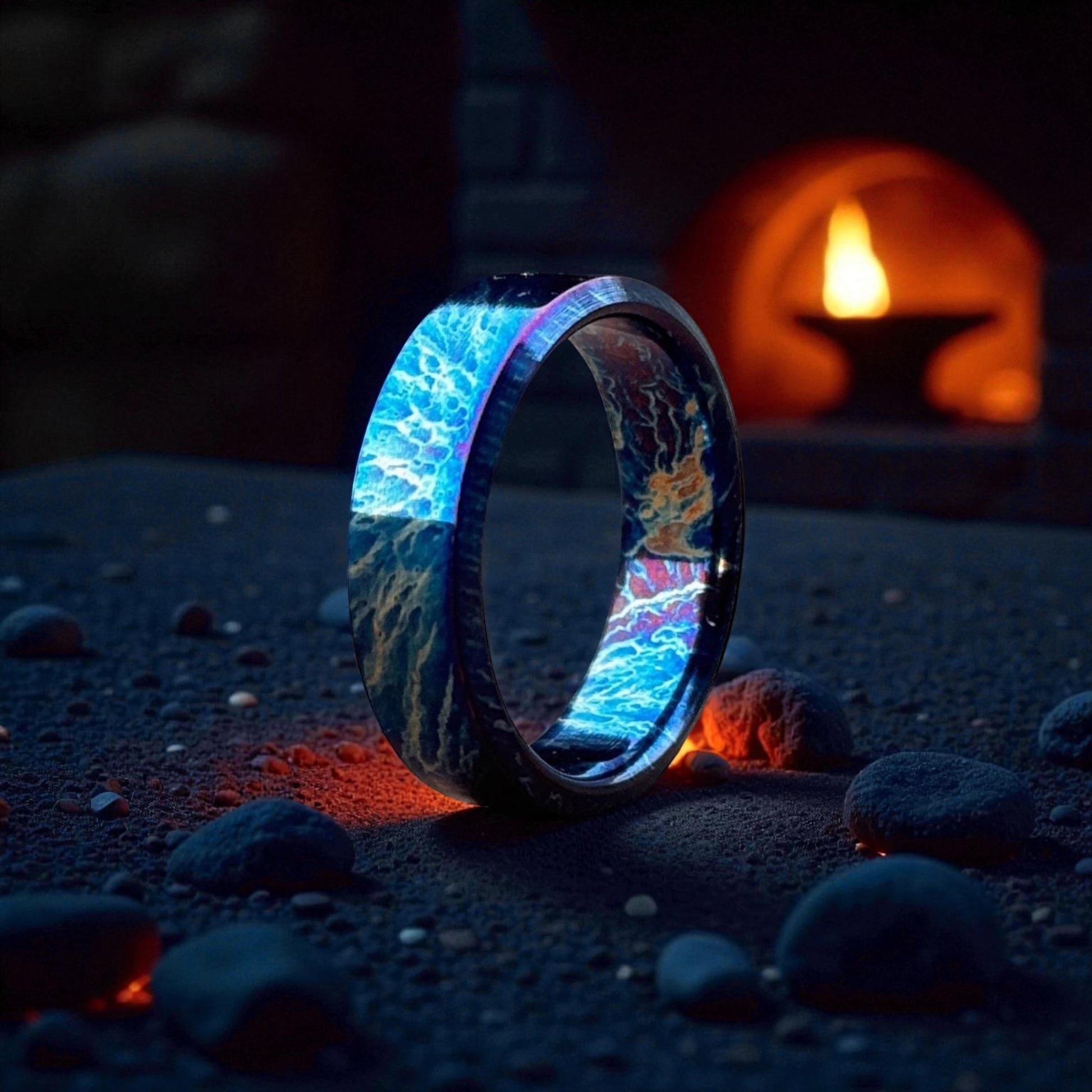Titanium ring with blue lightning design glowing beside embers