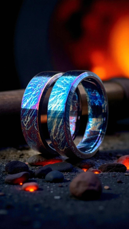 Two titanium rings with dynamic blue and purple flames, showcasing a fierce and modern design.
