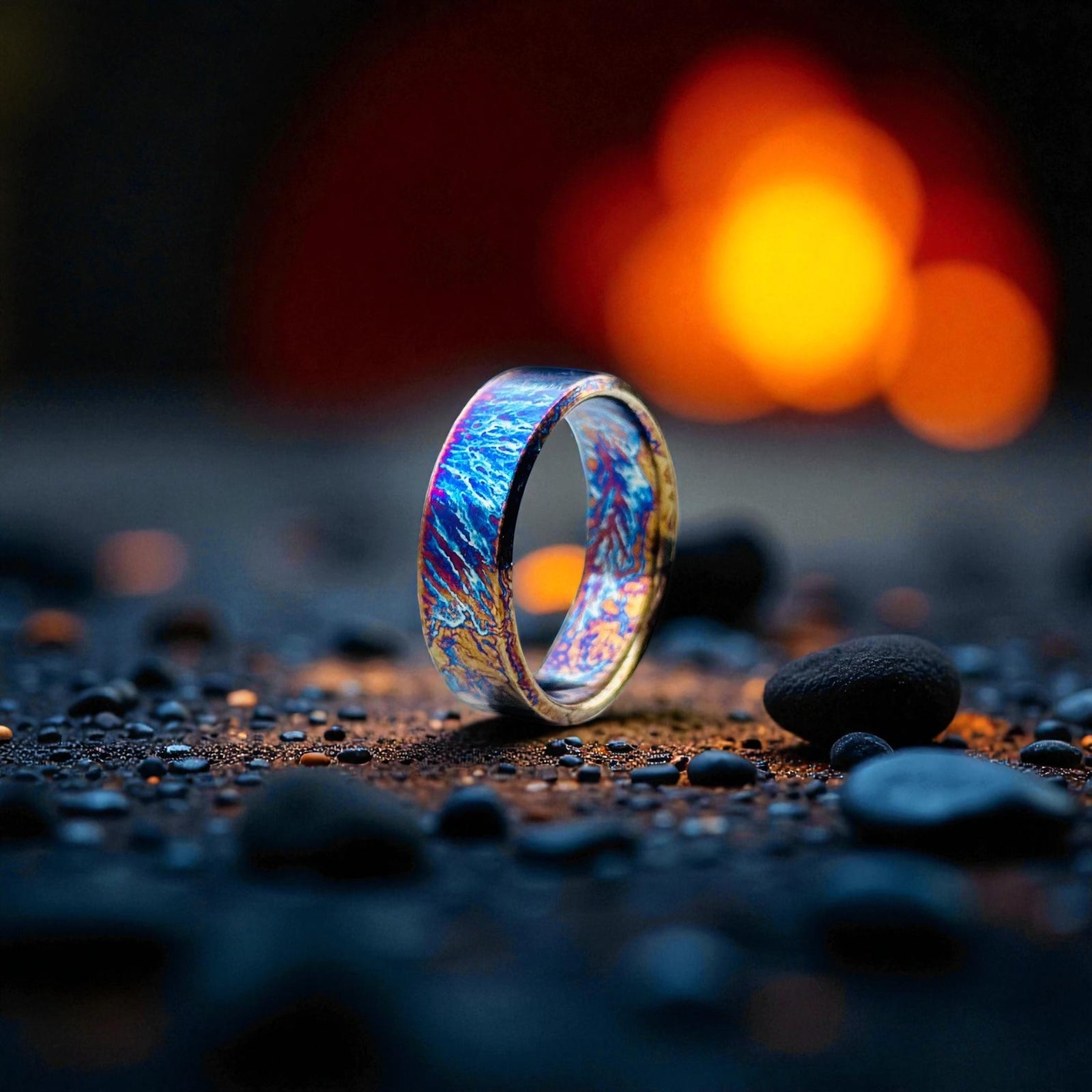 Shimmering titanium ring with fiery blue electric design in front of flames